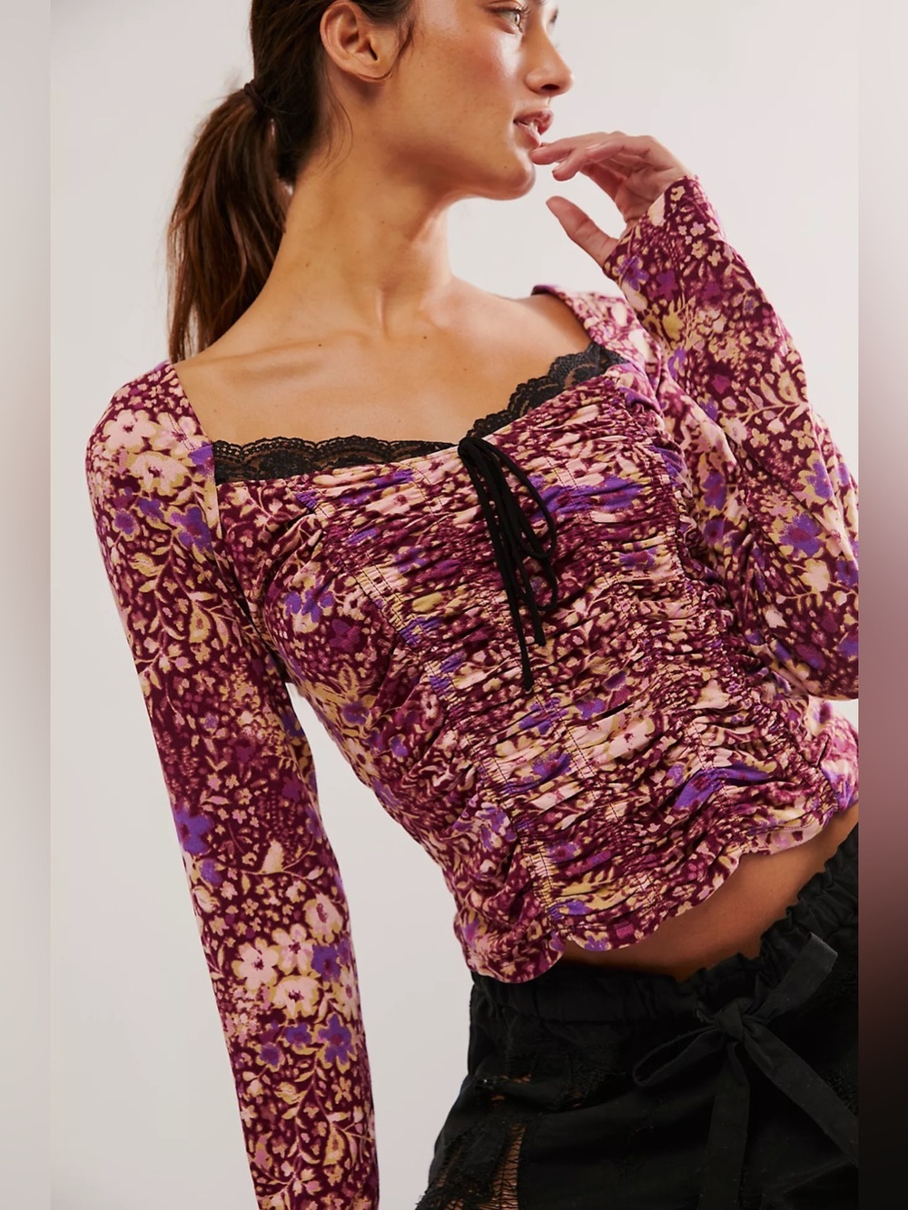 Free People Floral Ruched Corset Top Purple Cottagecore Fairy Grunge Size M